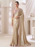 Cream Satin Gold Chiffon Saree